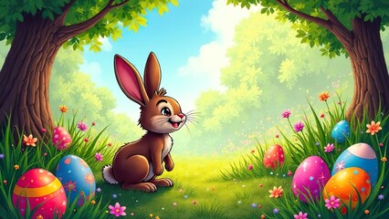 Bunny smiling through Easter Egg Tunnel. Easter concept