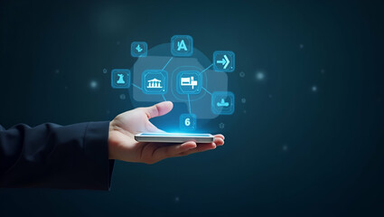 Explore Innovative Financial Services: Hand Interacting with Holographic Personal Loan Device Showcasing Interest Rates & Payment Options in a Futuristic Concept