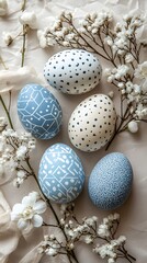 Fototapeta premium Easter Egg Decor: Exquisite decorated Easter eggs nestled amongst delicate floral arrangements, symbolizing the renewal of spring and the joy of the holiday.