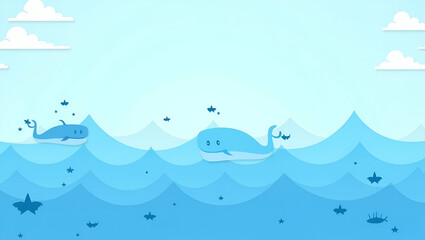 Fototapeta premium Blue water waves and whale icons border with copy space for World Water Day concept as Blue water waves whale icons border providing space for messages on whale conservation and marine health in Phot