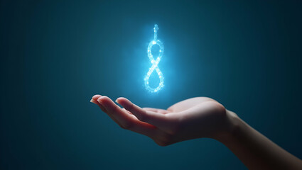 Flat Hand presenting holographic growth hormone development treatment symbol representing growth hormone development treatment in empty space background concept as A hand showcases holographic growth 