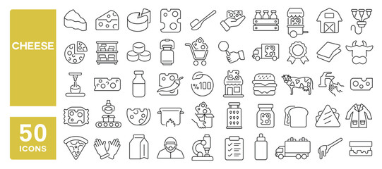 Set of 50 line icons related to cheese, parmesan, cream, slice, milk, cheddar, feta, butter, smoked, dairy, brie, mozzarella, cottage, Editable stroke. Vector illustration