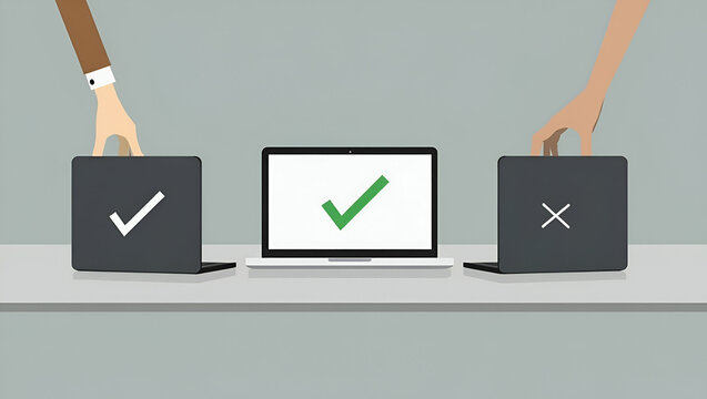 Navigating Business Dilemmas: Choosing Options with Check Marks on Laptop - A Cute Vector Illustration of Decision Making in Yes or No Scenarios