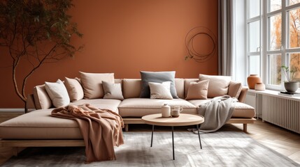 Modern living room interior with stylish comfortable sofa. Beautiful and large living room interior.Home Decor Concept with Copy Space. Real Estate Concept. Hotel Concept