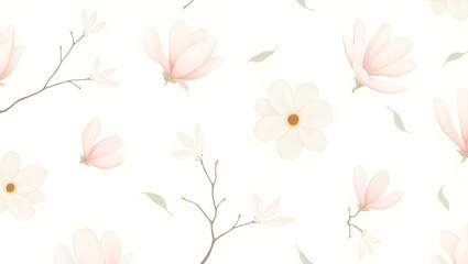 Flat Botanical garden magnolia seamless tile pattern with various magnolia species in natural pinks on white background perfect for serene spaces concept as Various magnolia species in natural pinks o