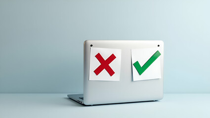 Flat select check mark laptop check right wrong marks decide choose vote yes no decisions business options difficult situations dilemma concept as Selecting check marks on laptop with right and wrong 