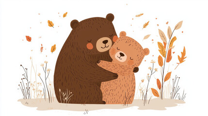 Cute illustration of two bears hugging surrounded by autumn leaves and plants