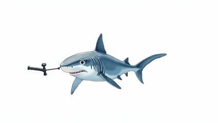 Hand Drawn Watercolor Illustration of a Hammerhead Shark Patrolling the Ocean on White Background - Unique Clipart for Photo Stock with Empty Space on Left Side