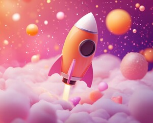 Fototapeta premium Colorful rocket launching through a dreamy cosmic landscape