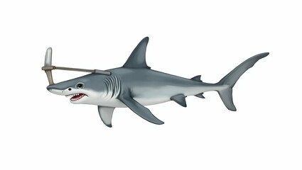 Fototapeta premium Hand Drawn Watercolor Illustration of a Hammerhead Shark Patrolling the Ocean on White Background - Unique Clipart for Photo Stock with Empty Space on Left Side