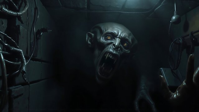 terrible creature in basement horror comics style