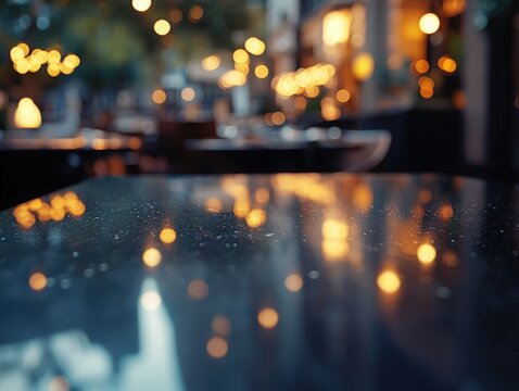 Atmospheric table in an outdoor restaurant with blurred lights, representing ambiance and dining. Ideal for restaurant promotions, event backgrounds, and lifestyle visuals. - Powered by Adobe