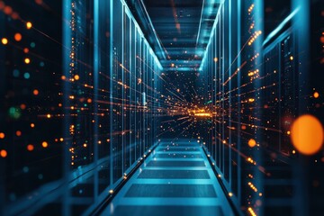 Overview of a Modern Network Server Room With Vibrant Glowing Lights and Organized Equipment Showcasing Advanced Technology