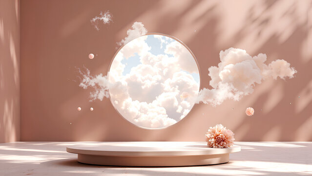 serene interior scene featuring circular window with fluffy clouds and soft pink backdrop. delicate flower arrangement adds touch of elegance to minimalist design