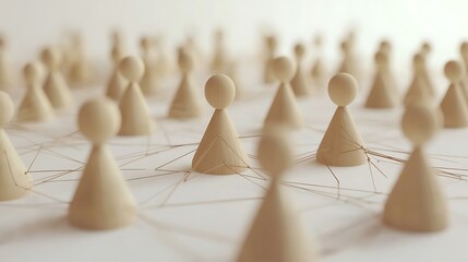 Network concept with wooden figures connected on a white surface symbolizing human resources strategy and management