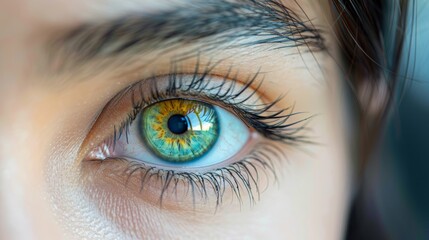 Obraz premium Extreme close-up capturing the detailed textures and striking colors of a green eye with long eyelashes, showcasing natural beauty.
