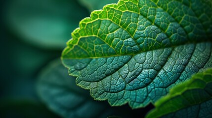 Fototapeta premium Extreme close up macro photograph of a vibrant green leaf, revealing the intricate details of its veins and textured surface, with clearly defined serrated edges in a lush natural environment