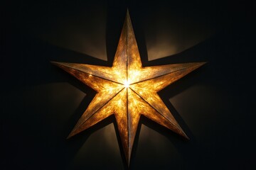 A shimmering gold star light illuminated against a pitch-black background, with each point of the star emitting a soft glow, bringing an enchanting and magical feeling to the scene.