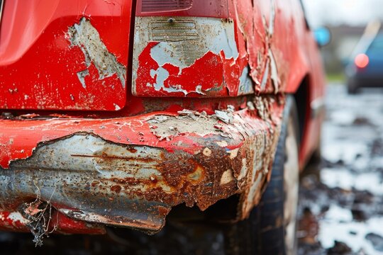 Extreme close-up of a red vehicle showing severe rust, damaged paint and corrosion, indicating neglect and the effects of aging, outdoors