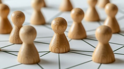 Network concept with wooden figures connected on a white surface symbolizing human resources strategy and management