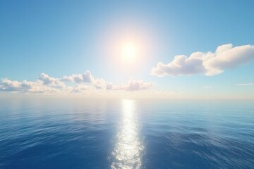 Fototapeta premium A sweeping aerial view of calm ocean waves, gently rippling across the surface, reflecting the bright blue sky and the warm sunlight.