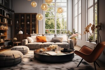 Fototapeta premium Modern living room interior with stylish comfortable sofa. Beautiful and large living room interior.Home Decor Concept with Copy Space. Real Estate Concept. Hotel Concept