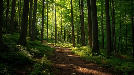 Fototapeta premium Sunlit Forest Path: A Serene Woodland Walk