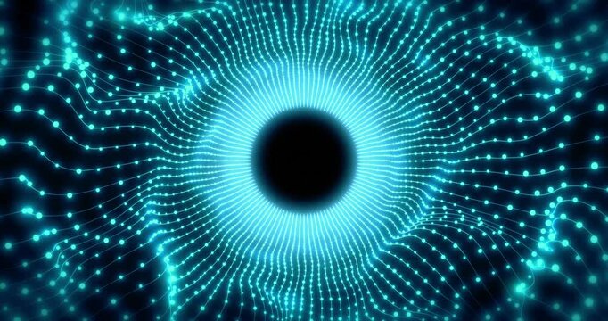 Abstract glowing hi-tech energy particles waves data tunnel. Science and technology futuristic abstract circular lines and particles background. Data streaming through particles abstract animation.
