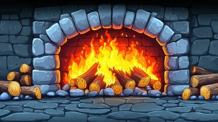Cozy Hearthfire in a Stone Fireplace Surrounded by Logs, Warm Flames, and Soft Glow