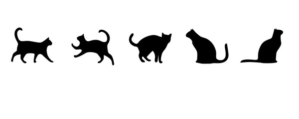 Silhouette of vector black cat, feline, pet animal, kitten or kitty in various poses isolated on white background. Cute cat breed symbol, sticker or icon