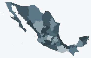 Map of Mexico with regions. A simple country border map with region division. Blue-grey color palette. Plain United Mexican States shape with administrative division. Vector illustration.