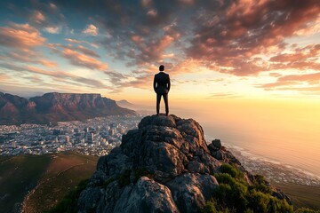 A male executive perched on a rocky cliff, gazing out at the expansive view below, signifying a leader's ability to see the bigger picture in the business world