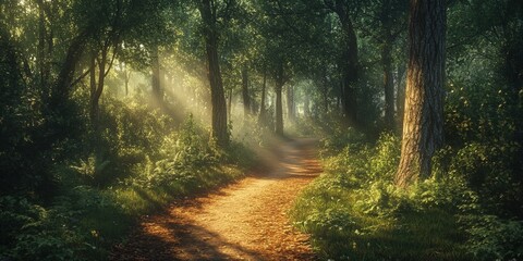 Obraz premium Sun-dappled forest path glows with warmth. Lush greenery and towering trees create a tranquil, inviting scene