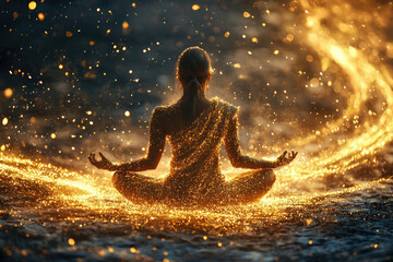 Obraz premium Woman in golden light meditating, surrounded by sparkling particles, serene and peaceful.