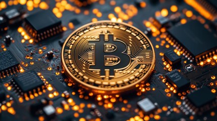 Bitcoin Coin on a Glowing Circuit Board With Futuristic Design. Generative AI