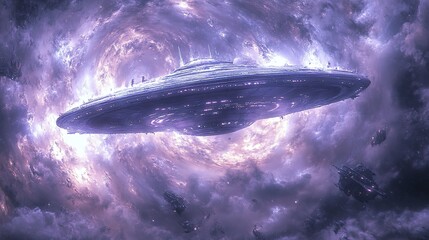 Obraz premium A large futuristic spaceship traveling through swirling vibrant cosmic clouds