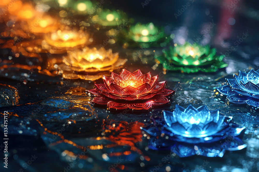 Poster Glowing metallic lotuses float on dark water, creating a serene and colorful scene.