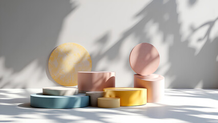Modern geometric shapes in pastel colors create stylish display with soft shadows. arrangement features circular and cylindrical forms, enhancing aesthetic appeal
