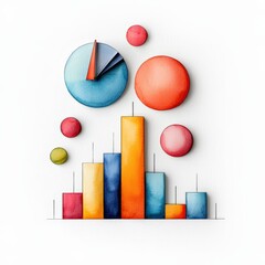 Vibrant watercolor graphs and charts illustrate data trends and analysis, perfect for presentations and reports.