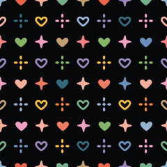 Rainbow Heart And Star Pattern, Neon Light, Line Art, Kawaii Style