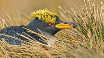 Close-up view of a penguin in its natural habitat with golden feathers