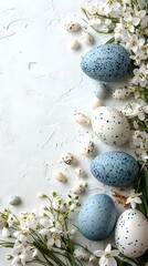 Obraz premium Spring Easter Arrangement: Capture the essence of spring with an eye-level shot of speckled Easter eggs nestled amongst delicate white flowers against a rustic background.