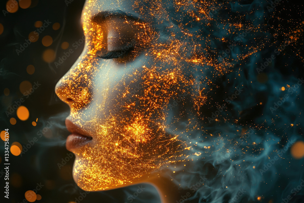 Poster a woman's face merges with ethereal golden sparks and smoke, creating a mystical and dreamlike portr