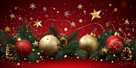 Naklejka premium Festive Christmas arrangement featuring ornate red and golden baubles with sparkling details and pinecones against a red backdrop with shimmering snowflakes