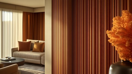 Modern living room with wooden partition and coral decor.