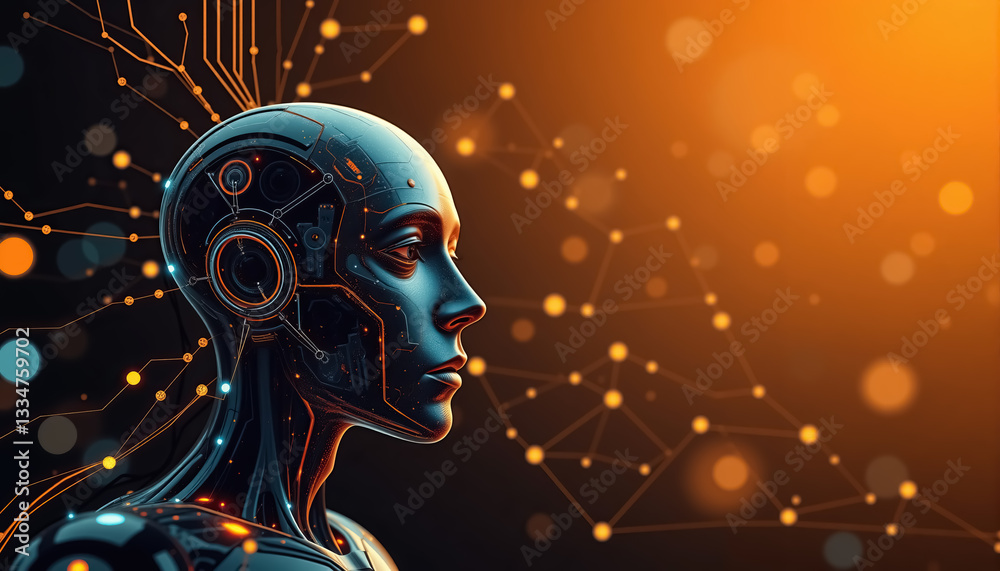 Poster futuristic ai humanoid head with network connections symbolizing artificial intelligence advancement