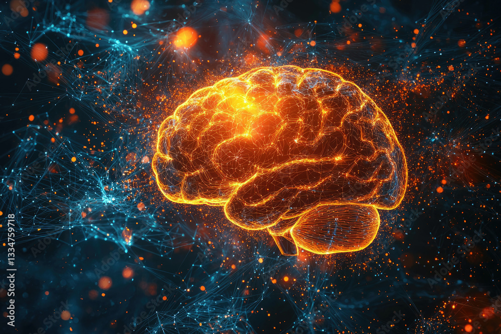 Poster A glowing, digital representation of the human brain, embedded within a complex network of interconnected nodes.