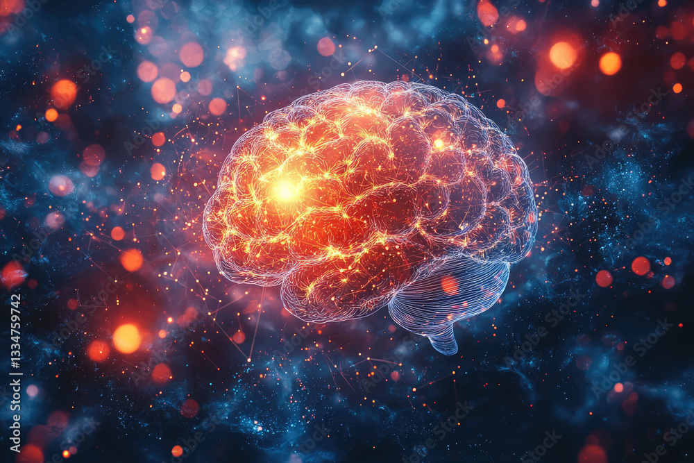 Poster a glowing, interconnected brain, symbolizing neural activity and cognitive processes in a cosmic set