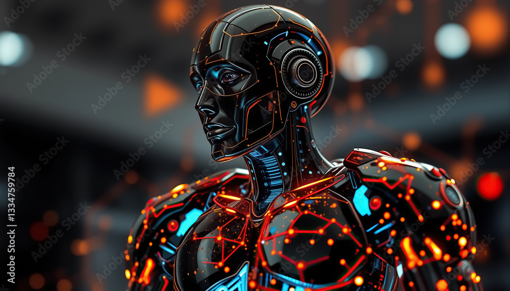 Poster Futuristic AI Humanoid robot with circuitry glowing nodes and advanced technology