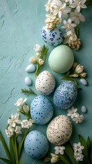 Obraz premium Easter Eggs and Floral Decor: An array of vibrantly colored Easter eggs artfully arranged alongside delicate white flowers against a textured background.